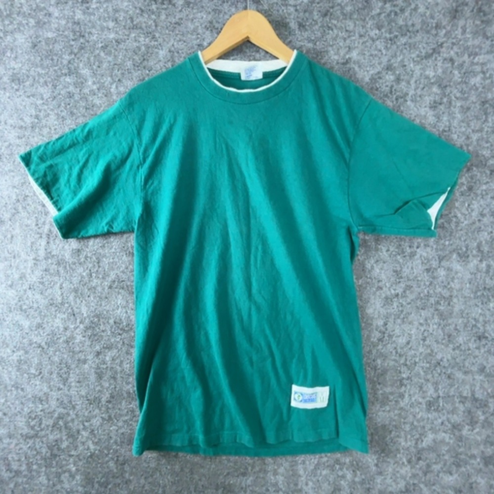 Vintage Discus Athletic T-Shirt Mens Medium Green Ringer Short Sleeve Cotton
